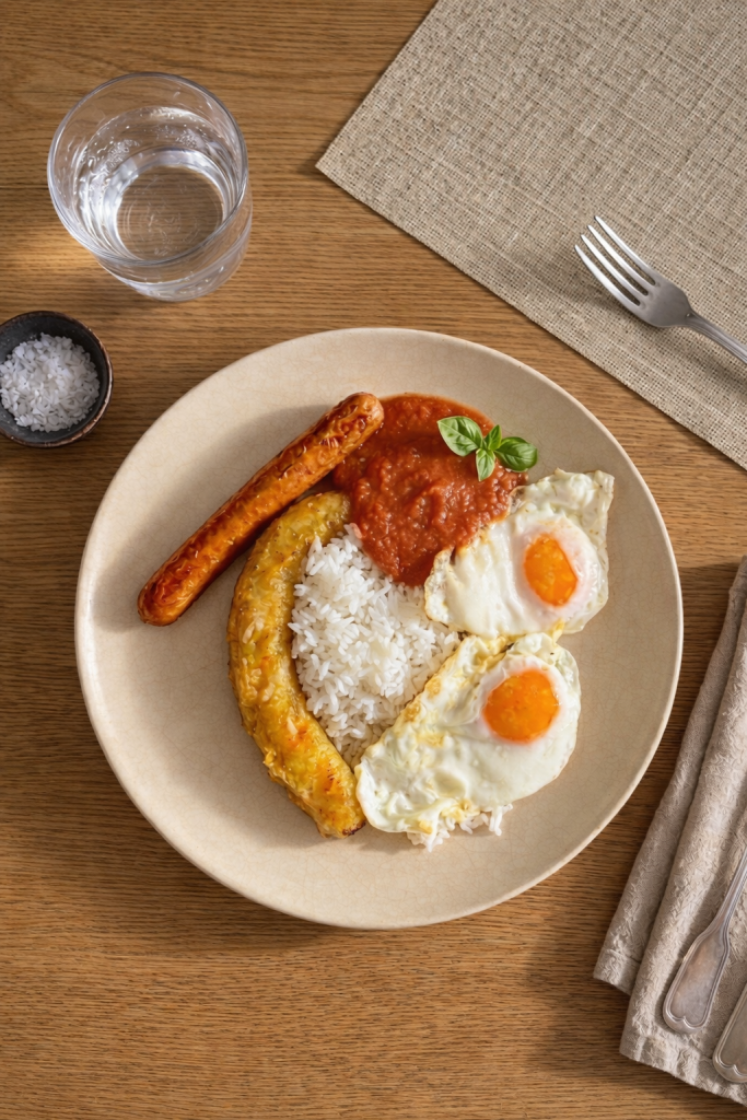 Arroz a la cubana con huevo frito con puntilla, plátano de Canarias, salchicha y salsa de tomate casera | Mamá ya sé cocinar