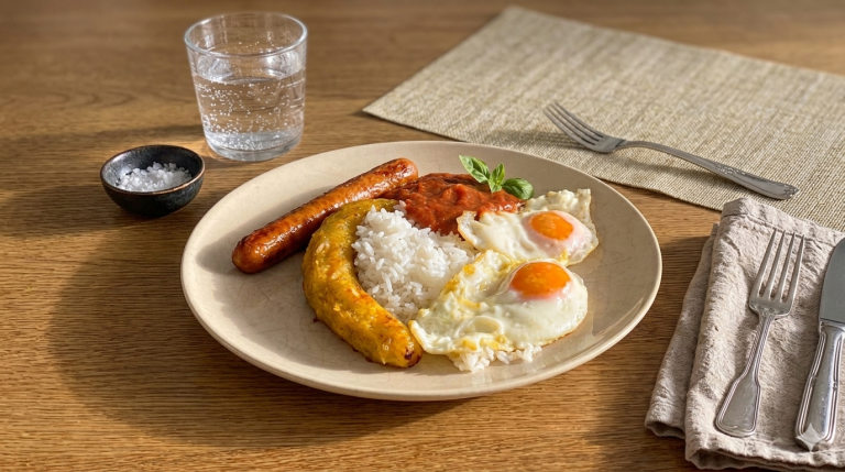 Arroz a la cubana con huevo frito con puntilla, plátano de Canarias, salchicha y salsa de tomate casera