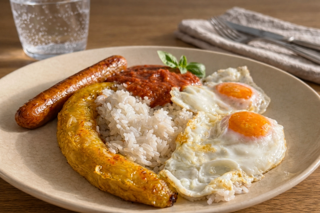 Arroz a la cubana con huevo frito con puntilla, plátano de Canarias, salchicha y salsa de tomate casera | Mamá ya sé cocinar