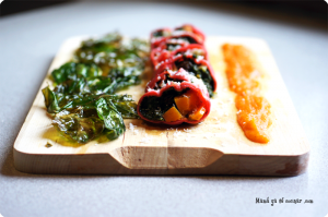 Rottolo de remolacha rellena de mozzarella de buffala, espinacas y calabaza