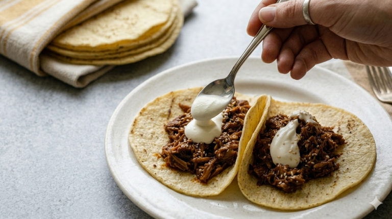 Tacos de pollo con mole poblano. Unos tacos de pollo con mole que se salen de lo típico